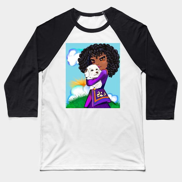 Girl with Afro hair cuddles puppy dog ii, Cavapoo puppy dog, cute Cavoodle, Cavapoo, Cavalier King Charles Spaniel Baseball T-Shirt by Artonmytee